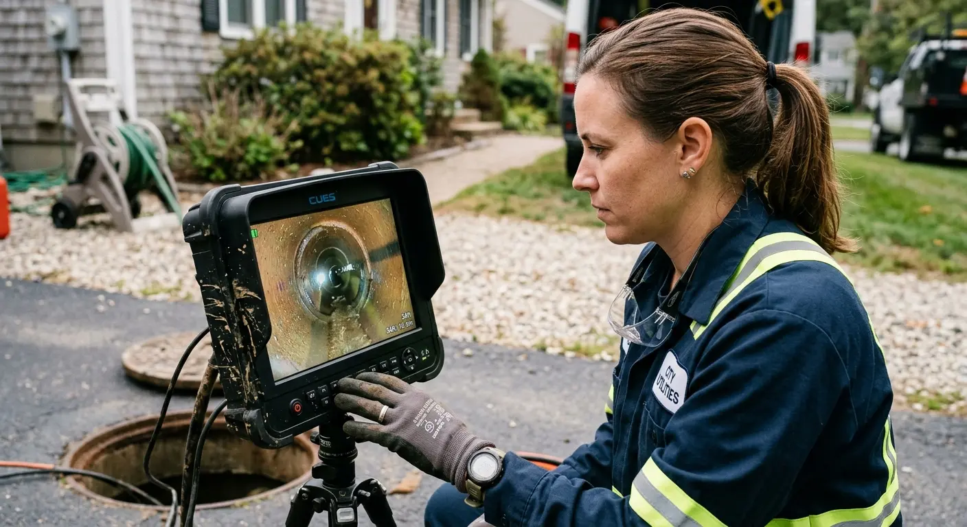 Technician reviewing sewer camera inspection footage in Castle Pines Village