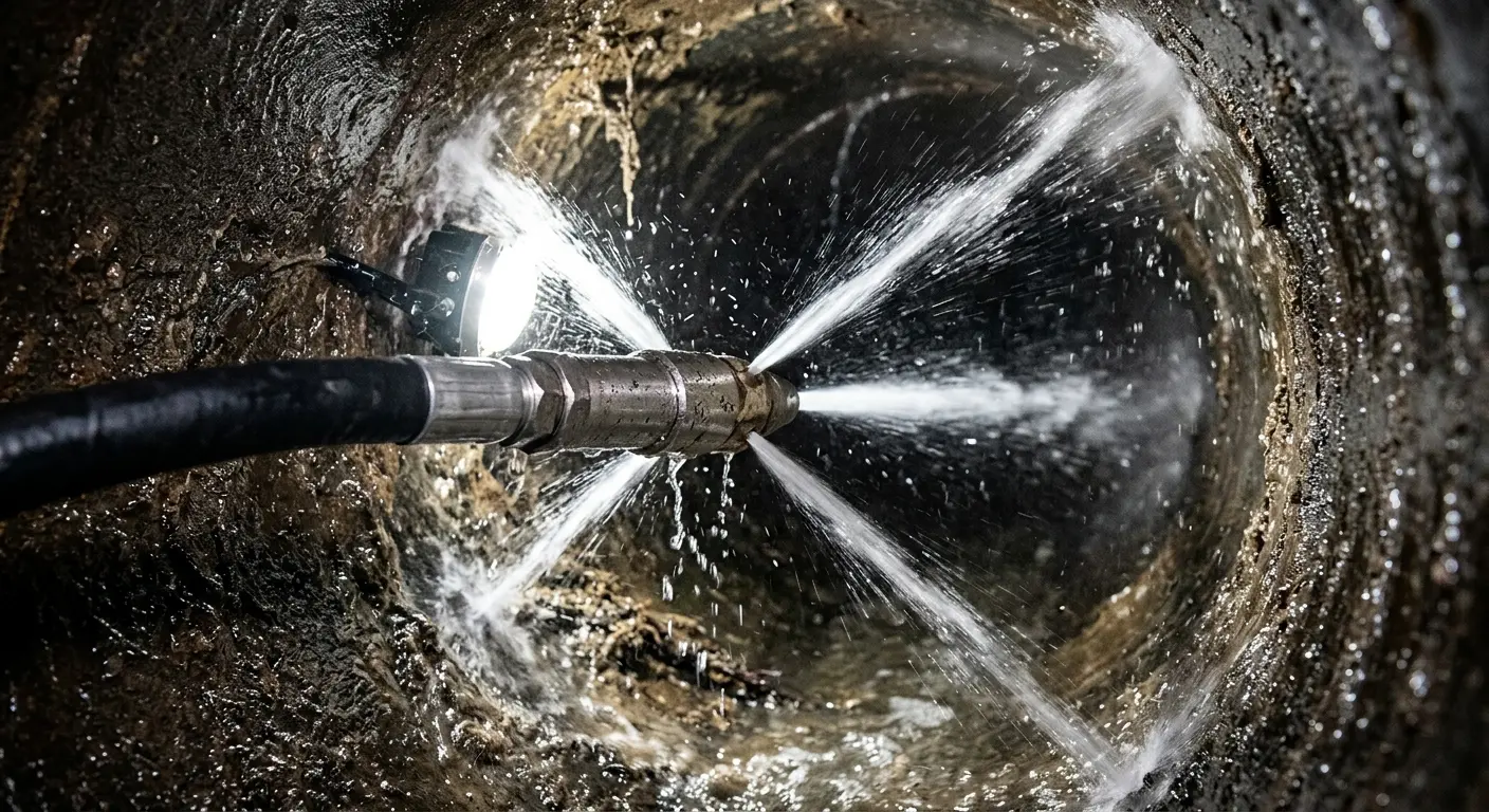 High-pressure hydro jetting nozzle cleaning sewer pipe for Emergency Drain Service in Castle Pines Village