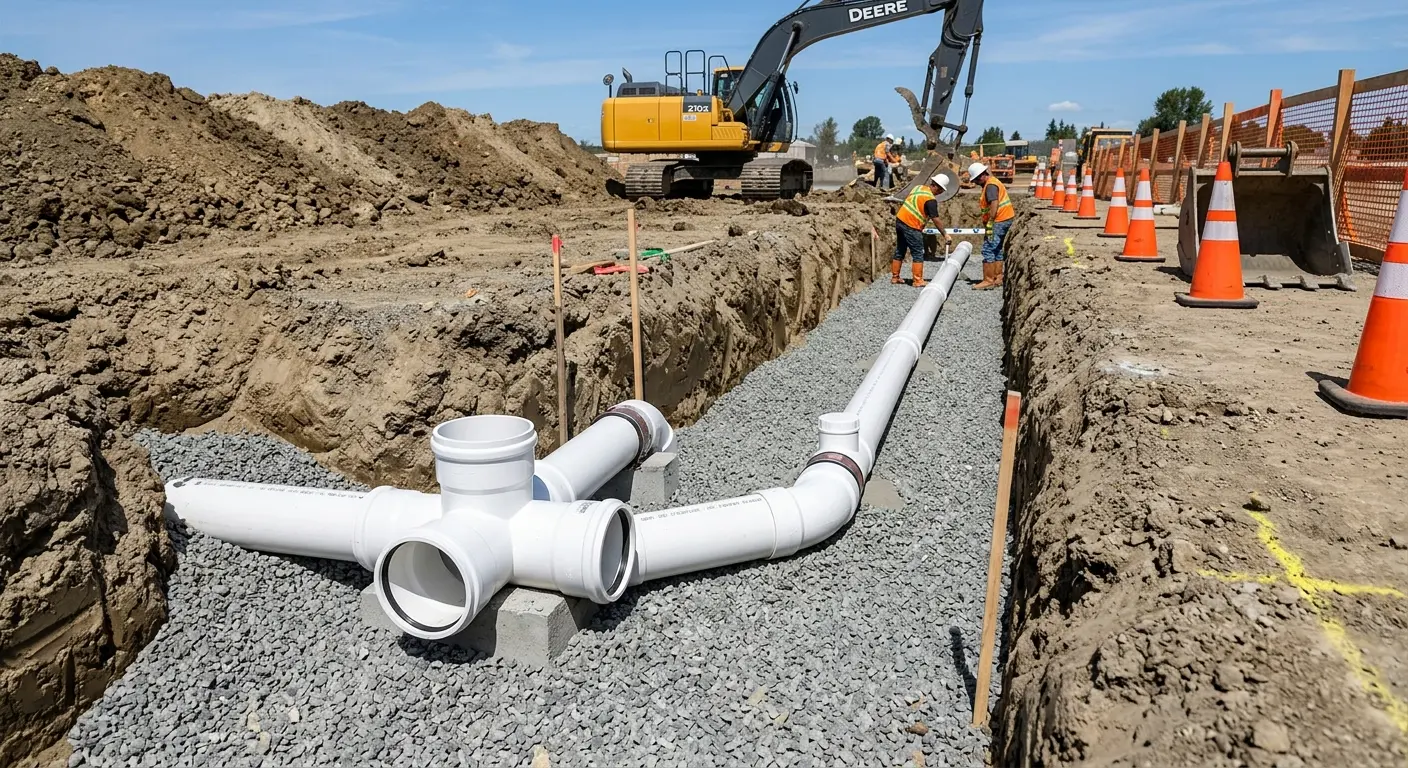 New PVC sewer pipe installation in open trench for Grease Trap Cleaning in Castle Pines Village