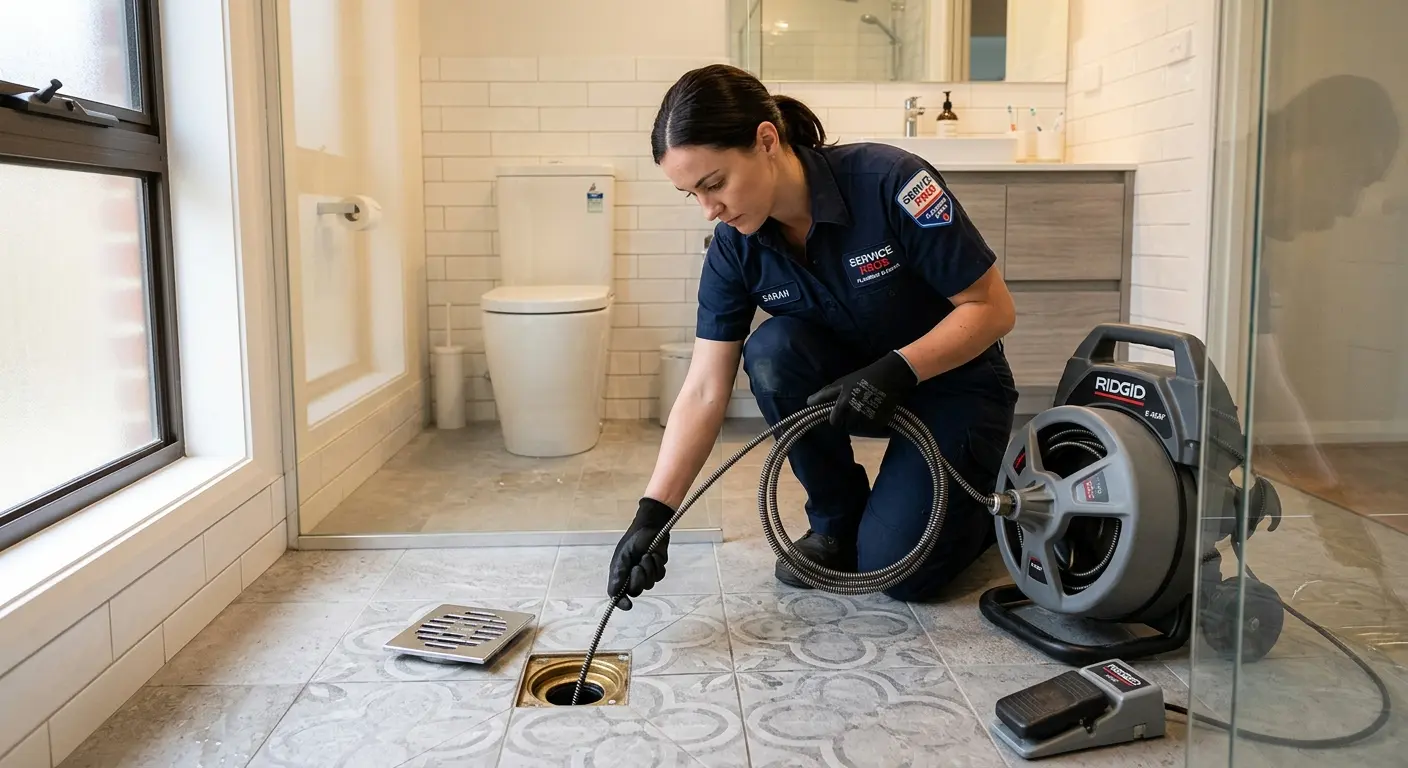 Technician clearing a bathroom floor drain for Sewer Line Installation in Castle Pines Village